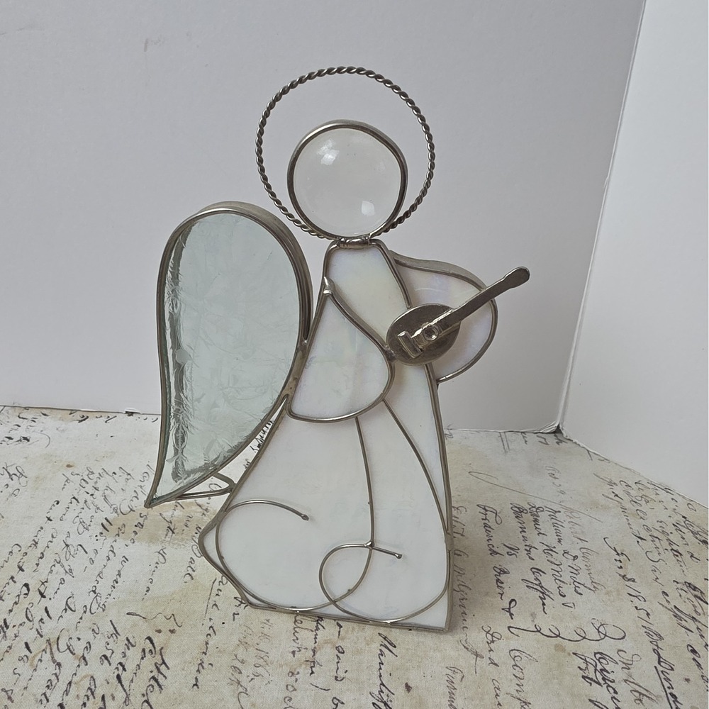 White Stained Glass Angel Playing Guitar/Lyre Votive Candle Holder Christmas